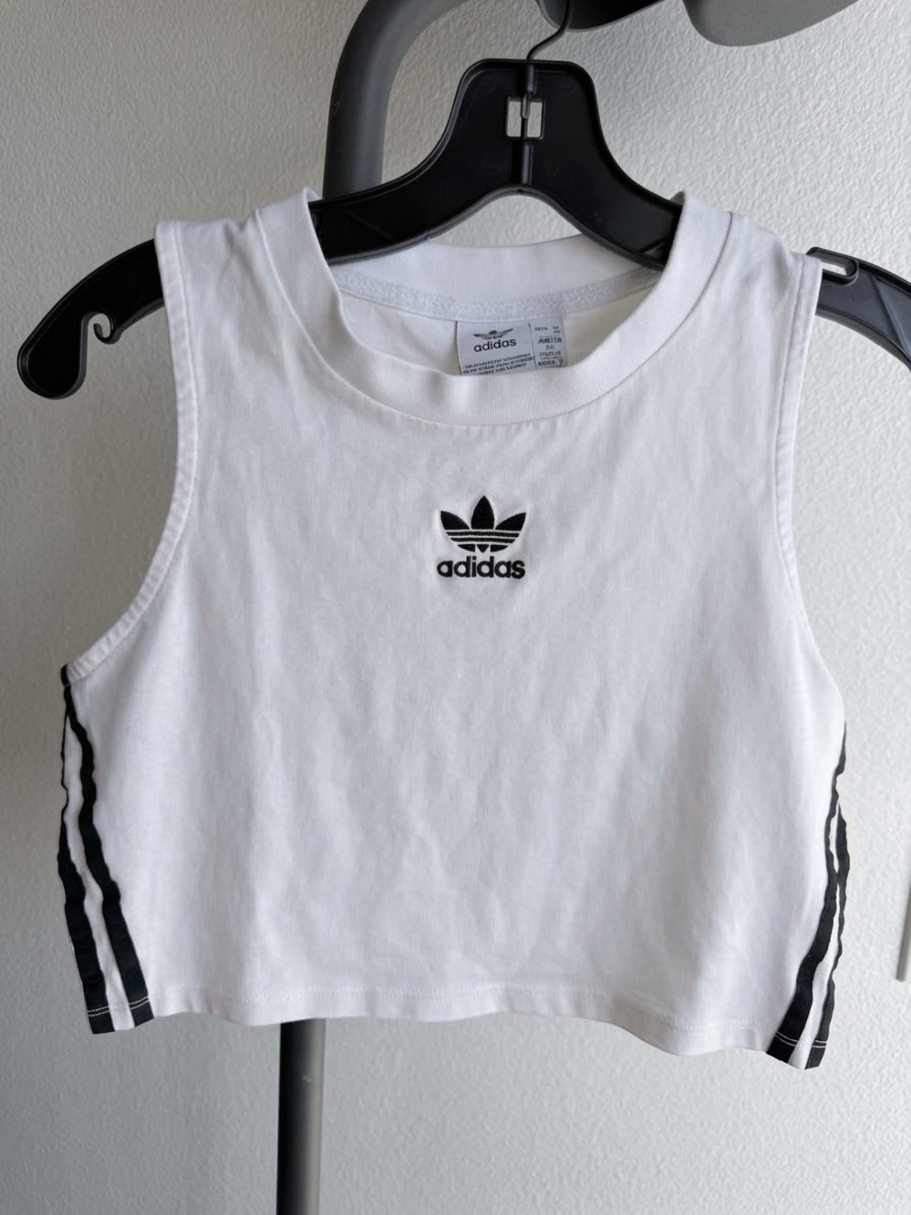 adidas White Cropped Tank Top with Black Logo & Side Stripes